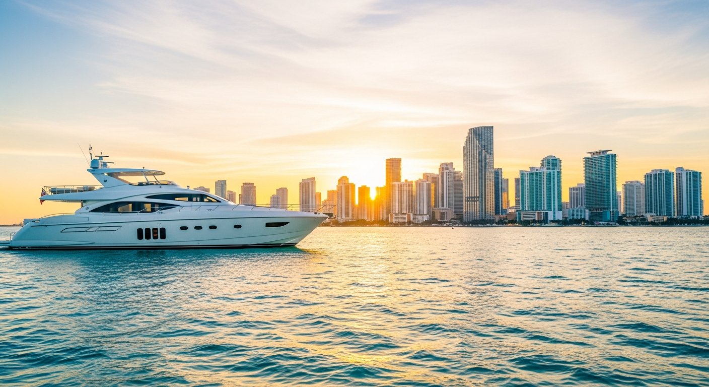 Luxury yacht rental cruising Miami skyline at sunset