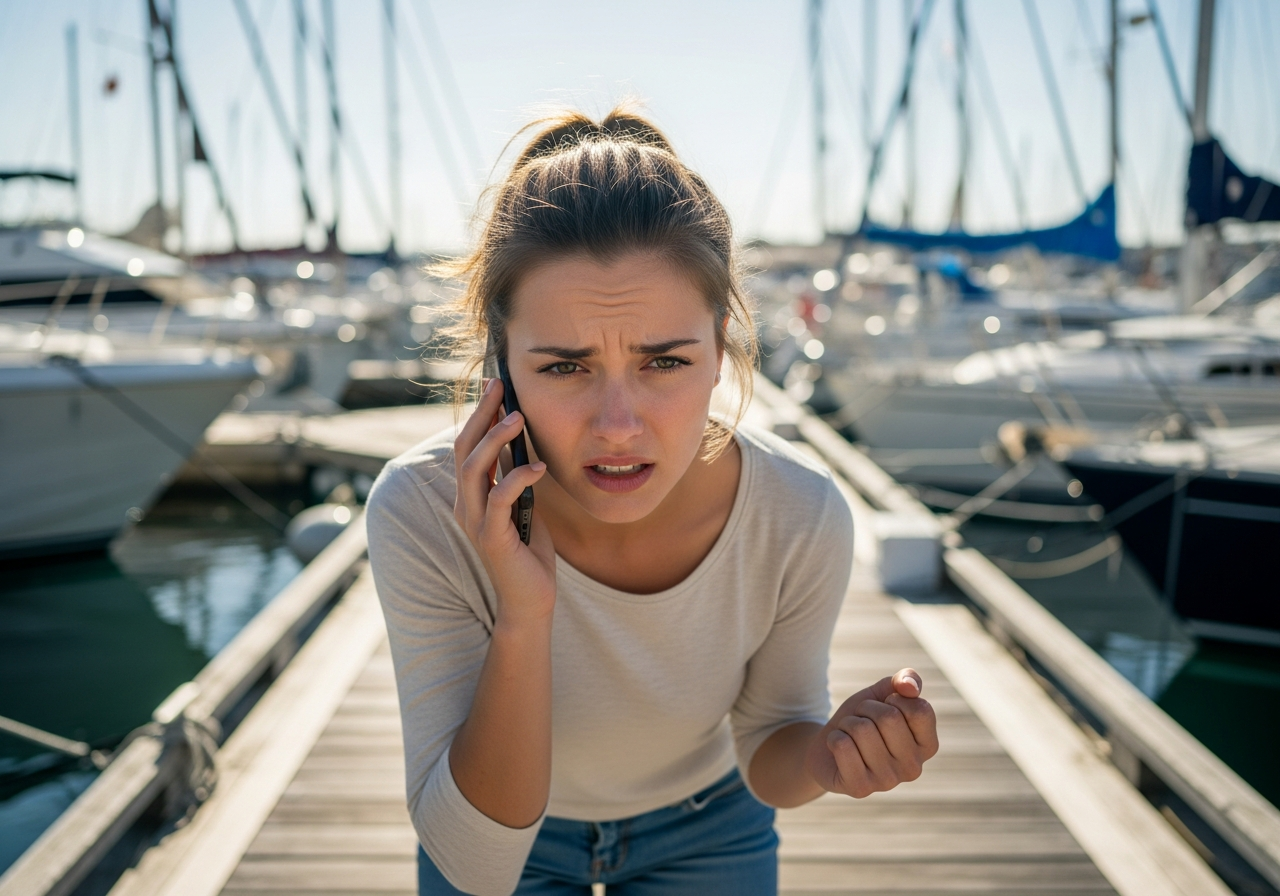 Woman stressed while planning Miami yacht rental for bachelorette party